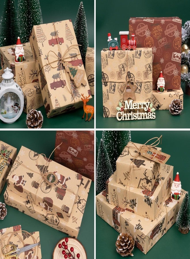 Toptime Christmas Wrapping Paper, 6 Sheets Vintage Gift Wrapping Paper with Ribbon Tags, Red Xmas Kraft Wrap Paper w/Santa Claus, Christmas Tree, Cars, Gift Paper for New Year, Holiday (27.6x19.7in) - Image 5